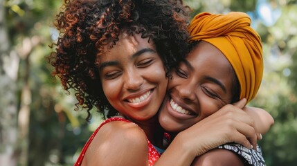 Hug of African American women in a park with natural light background