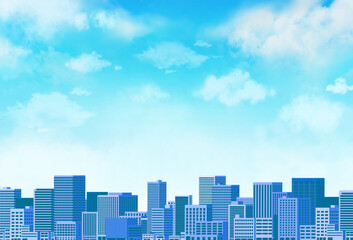 Obraz premium 街並み ビルと青空 夏イメージ ビル群 素材 都市風景 都会 大都市 商業ビル 繁華街 町並み 物件 建造物 シンプル