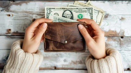 Woman putting money in wallet on beige wooden background