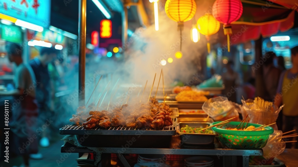 Wall mural Hot grilled tradition chinese street food placed on food stall with smoke and surrounded by diverse people walking at night market with neon light and blurring background. Tourism concept. AIG42.