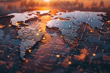 World map with data connections forming a complex puzzle, representing global cybersecurity challenges