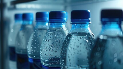 Water bottles with blue caps and condensation on a refrigerator shelf