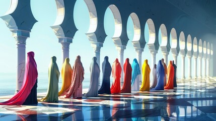 A peaceful scene of Muslim women in hijab praying together, emphasizing faith and spiritual connection