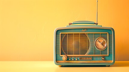 Vintage teal radio on a soft yellow background. Nostalgic feel, perfect for retro design. Ideal for music and old-school concepts. Classic simplicity radiates from this timeless piece. AI