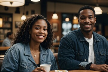 Young, happy African American plus-size couple on a coffee shop date. Two black people looking at camera on Blurry background. Concept of diversity. - Powered by Adobe