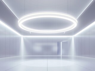 Futuristic minimalist room with sleek surfaces and circular overhead lights.