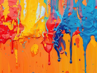 Colorful paint splashes dripping on yellow canvas background.