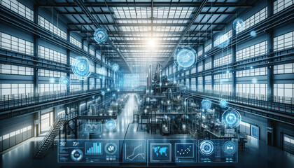 modern industrial facility with an overlay of futuristic digital interfaces and holographic data panels.