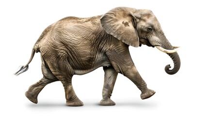 Obraz premium Isolated African Elephant Walking Gracefully on a White Background. Wildlife in Natural Pose. Neutral Style Digital Art Image. AI
