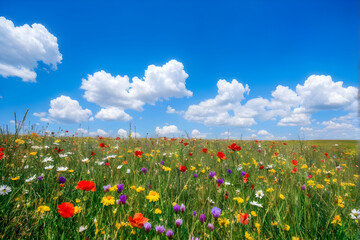 A vast field of wildflowers stretching to the horizon under a bright blue sky with puffy clouds. The flowers are a riot of colors - red, yellow, purple, pink, and white. They sway gently in the breeze