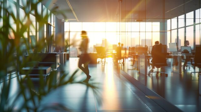 long exposure shot of a crowd of business people walking in a bright office lobby, fast-moving with blurriness. 