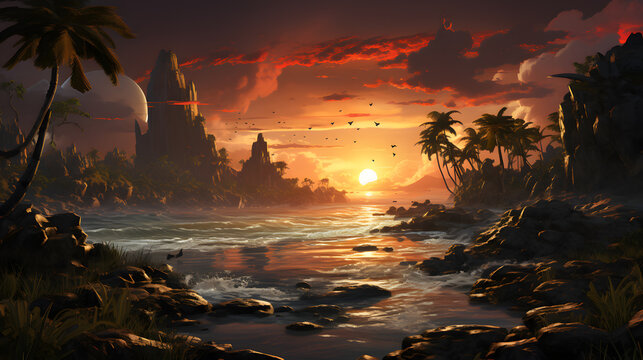 3d illustration visualized a lost tides set in a post apocalyptic world, abstract mythical and fantasy landscape, digital art background