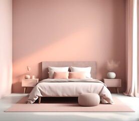  Bedroom in pastel tone peach fuzz color trend 2024 year panton furniture and background. Modern luxury room interior home design. Empty painting wall for art or wallpaper, pictures, art. 3d render 