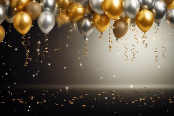 Gold and black balloons on a black background