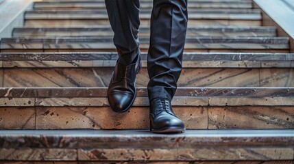 Businessman ascending office staircase in modern building
