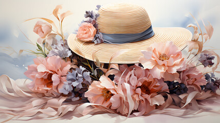 watercolor painting of bimmed hat with flowers ornaments on white background.