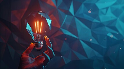 Illuminated light bulb held in hand against geometric background