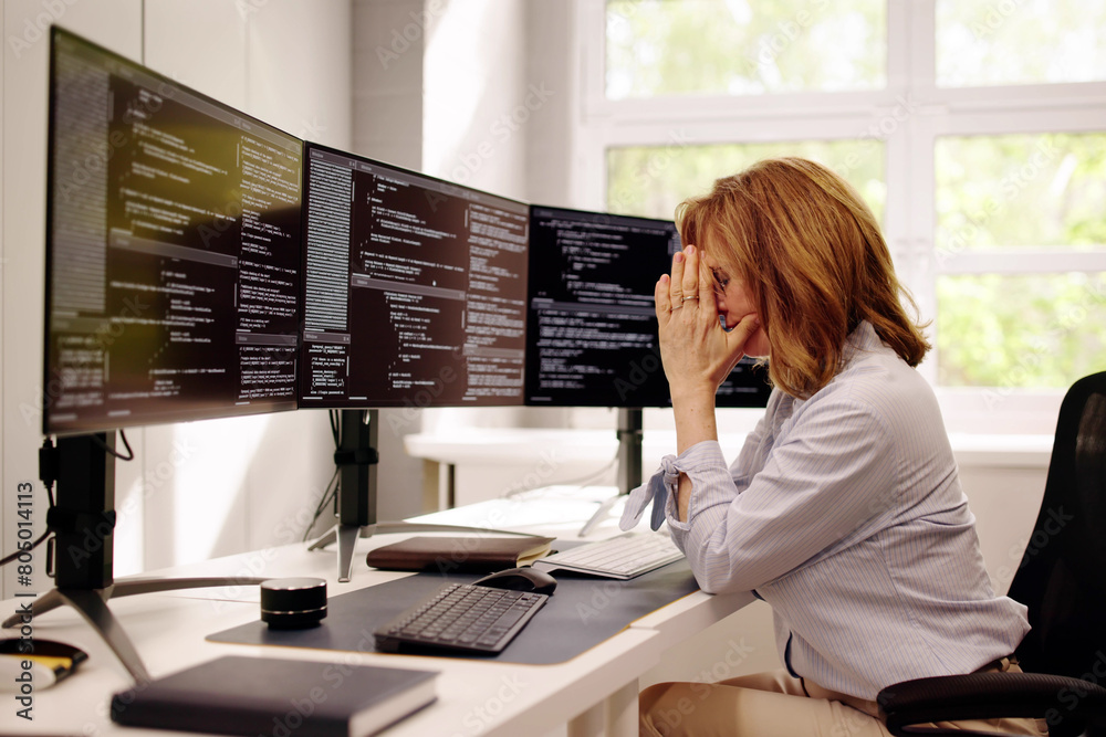 Poster Unhappy Sad Developer Programmer Woman In Stress Coding Software