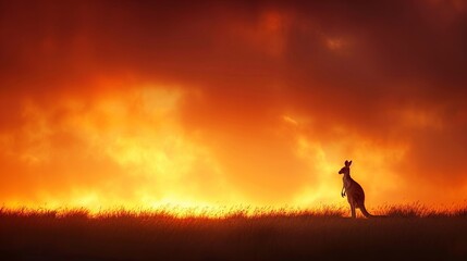 Fototapeta premium Majestic kangaroo silhouetted against a fiery sunset sky
