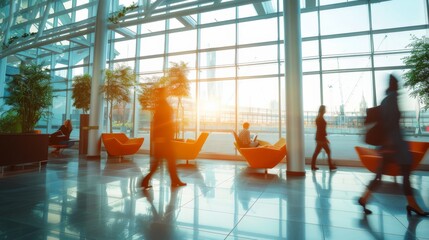 long exposure shot of a crowd of business people walking in a bright office lobby, fast-moving with blurriness. 