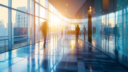 long exposure shot of a crowd of business people walking in a bright office lobby, fast-moving with blurriness. 