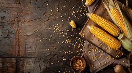Wooden board with fresh corn cobs and seeds on brown 