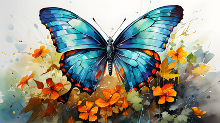 watercolor painting illustration of beautiful nature, butterfly in vibrant color with flowers, landscape and nature.