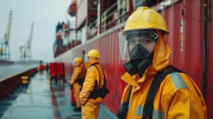 Industrial port workers in yellow protective gear during operation