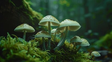 Fototapeta premium Enchanted forest mushrooms in mystical green ambiance