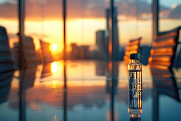 Vaccine bottle on a business meeting table as sunrise in background. Vaccination concept.
