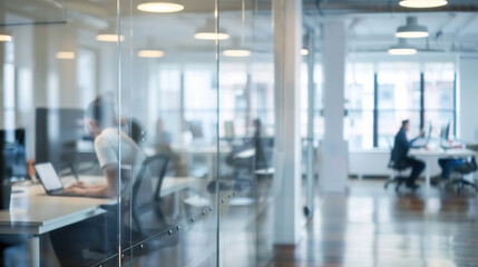 Bright business workplace with people in walking in blurred motion in modern office space