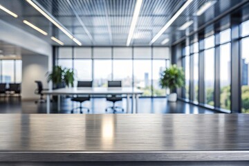 Wooden top with blurred empty office room background can be used for mocking up or display product to make advertising.