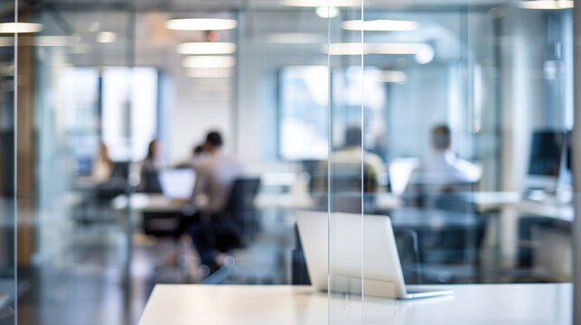 Bright business workplace with people in walking in blurred motion in modern office space