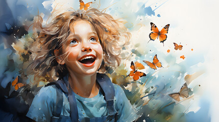 watercolor painting illustration of happy girl with butterfiles, girl's happiness, kid, fun and joy.