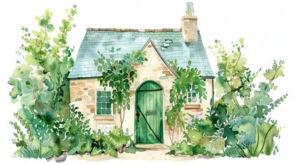 Watercolor illustration of a charming stone cottage surrounded by lush greenery and floral accents.
