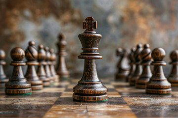 Chess king standing tall among pawns on an abstract background, illustrating strategic leadership and individual authority 