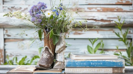 Wildflower bouquet in a cowboy boot, perfect for rustic decor and country-themed visuals.
