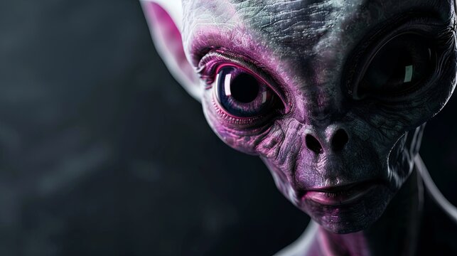Mysterious alien visitor with captivating eyes on a dark background