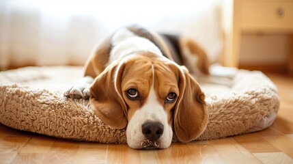 Tranquil beagle resting on a cozy dog bed indoors