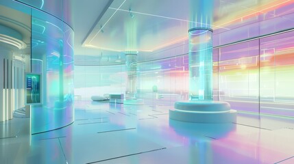 Sleek, modern interior with vibrant neon colors and futuristic design, ideal for visuals on innovation and contemporary spaces.