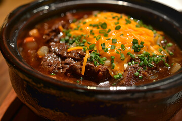 Chili Kobe beef simmered with imported beer topped with artisan cheddar a richly flavored masterpiece 