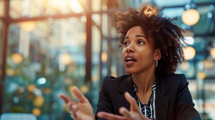 Afro-american businesswoman engaging in a discussion in a professional setting, ideal for leadership and corporate communication visuals.