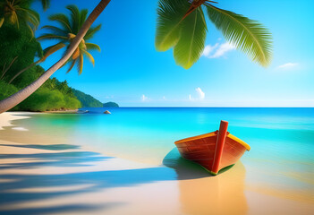 A beautiful boat in tropical beach with crystal clear blue water, palm trees, and white sand