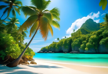 A tranquil beach with palm trees and clear blue water