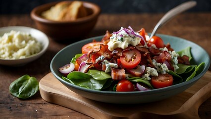 Fresh salad with tomatoes, spinach, blue cheese and prosciutto