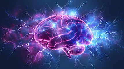 concept of brain power or neurology, graphic of brain presenting in front view with lightning effect.