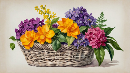 Basket with camomies watercolor hand drawn illustration wild flowers