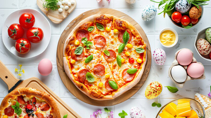 Fototapeta na wymiar Wooden board with tasty pizza for Easter celebration