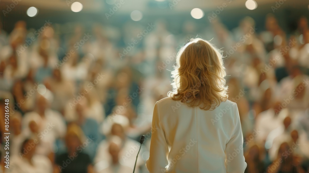 Wall mural photo of a woman addressing an audience in a seminar, back view, highlighting engagement and leaders