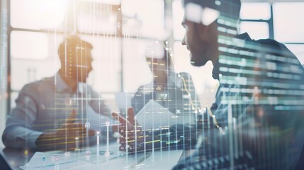 High-tech business meeting with professionals using advanced digital tools, perfect for innovation and strategy content.